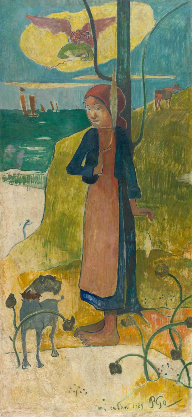 Breton girl spinning,fată bretonă filare,Paul Gauguin,Pictura in ulei,Pictura in ulei, în aer liber, 1 fata