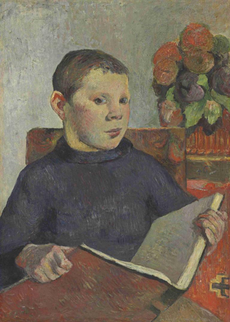 Clovis,Paul Gauguin,Oil Painting,Oil Painting, solo, 1boy, male focus, book, traditional media, black hair