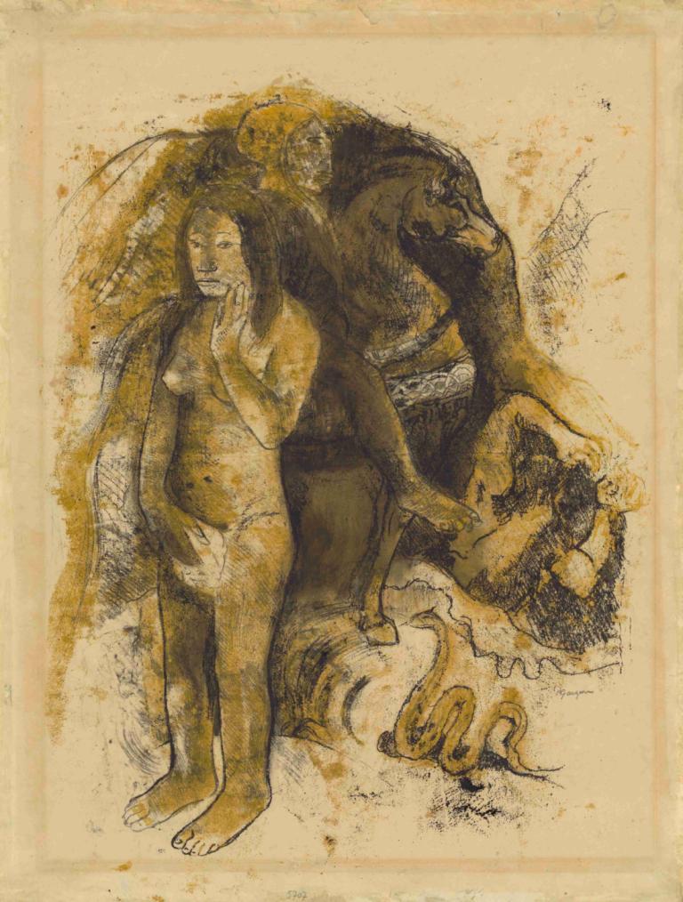 Eve ['The Nightmare'],Paul Gauguin,Oil Painting,Oil Painting, nude, barefoot, 1girl, 1boy, monochrome