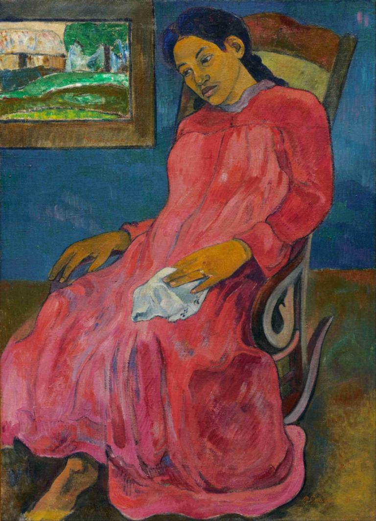 Faaturuma,Paul Gauguin,Oil Painting,Oil Painting, 1girl, solo, black hair, sitting, dress, traditional media