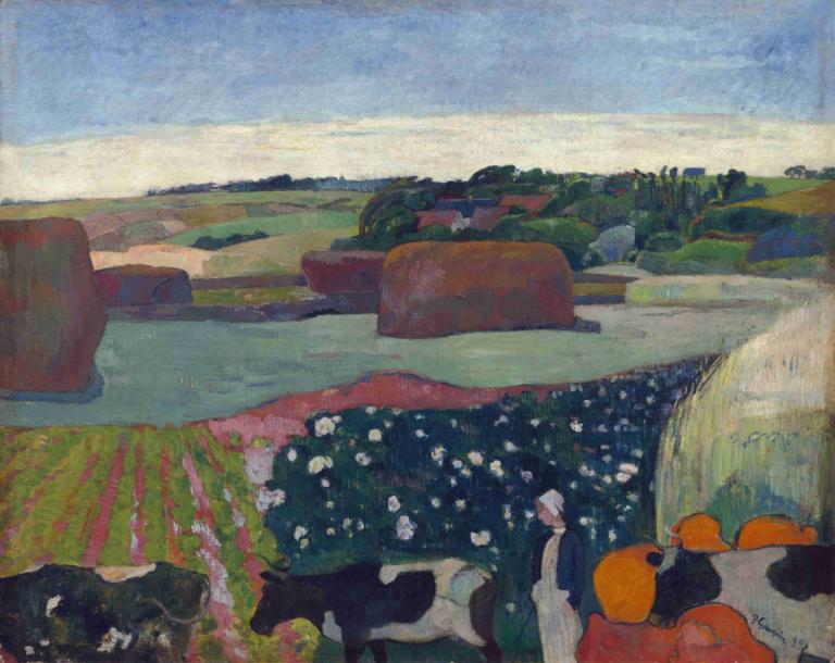 Haystacks in Brittany,Hooibergen in Bretagne,Paul Gauguin,Olieverf,Olieverf, 1meisje, plant, buitenshuis