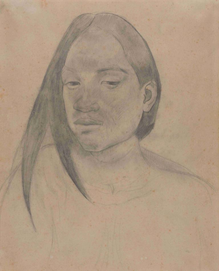 Head of a Tahitian Woman,Hoofd van een Tahitiaanse vrouw,Paul Gauguin,Schetsen,Schetsen, solo, lang haar