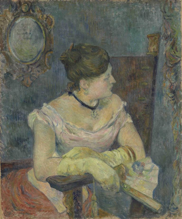 Madame Mette Gauguin in Evening Dress,Paul Gauguin,Olieverf,Olieverf, solo, 1meisje, handschoenen, juwelen