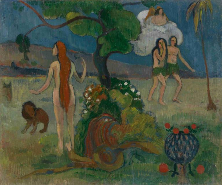 Paradise Lost,ztracený ráj,Paul Gauguin,Olejomalba,Olejomalba, strom, více dívek, dlouhé vlasy, 4 dívky, květ