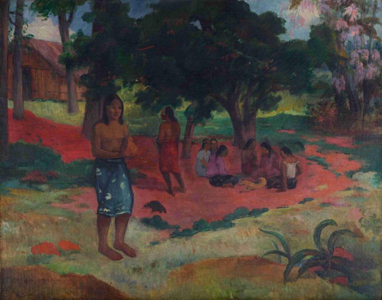 Parau Parau (Whispered Words),Zašeptaná slova,Paul Gauguin,Olejomalba,Olejomalba, strom, venku, více chlapců