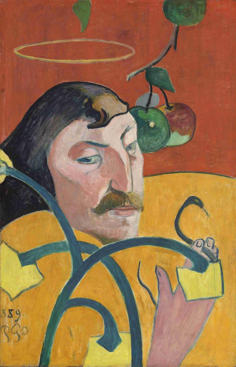 Self-Portrait,Autoportrét,Paul Gauguin,Olejomalba,Olejomalba, 1 kluk, mužské zaměření, vousy, jídlo, ovoce