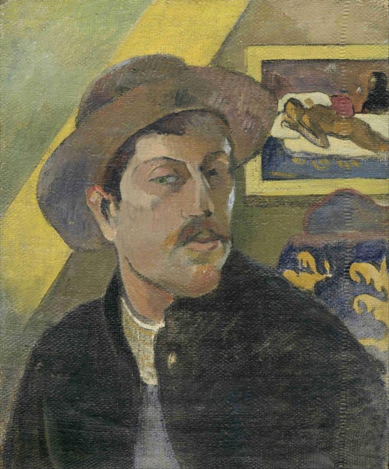 Self-portrait with a hat,戴帽子的自画像,Paul Gauguin,保罗-高更,油画,油画, 1男孩, 男性焦点, 帽子, 独奏, 传统媒体, 胡子, 黑发, 绿眼睛, 实际的, 胡子, 上半身