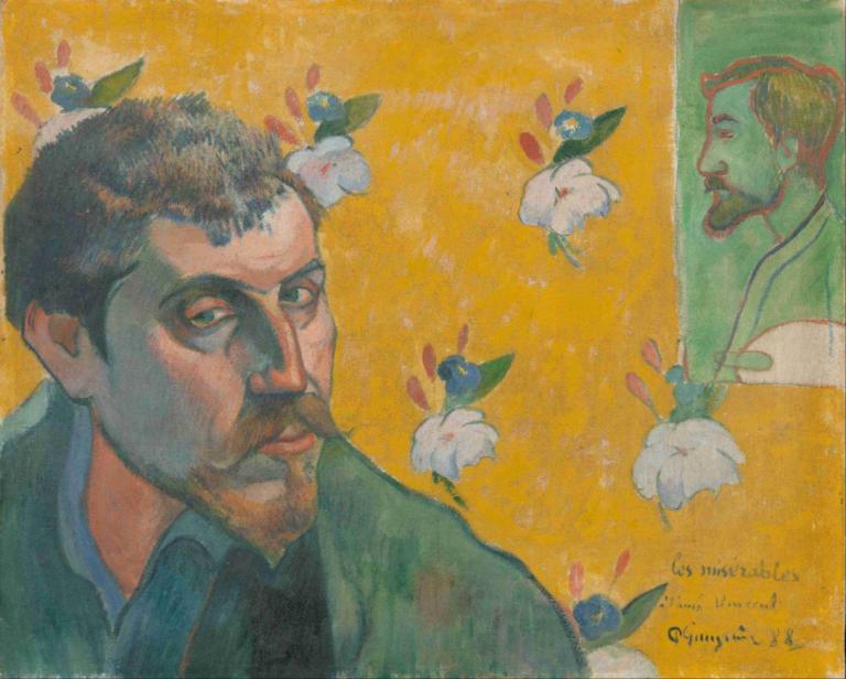 Self-portrait with portrait of Bernard, 'Les Misérables',自画像与伯纳德肖像，"悲惨世界,Paul Gauguin,保罗-高更,油画,油画, 胡子, 男性焦点