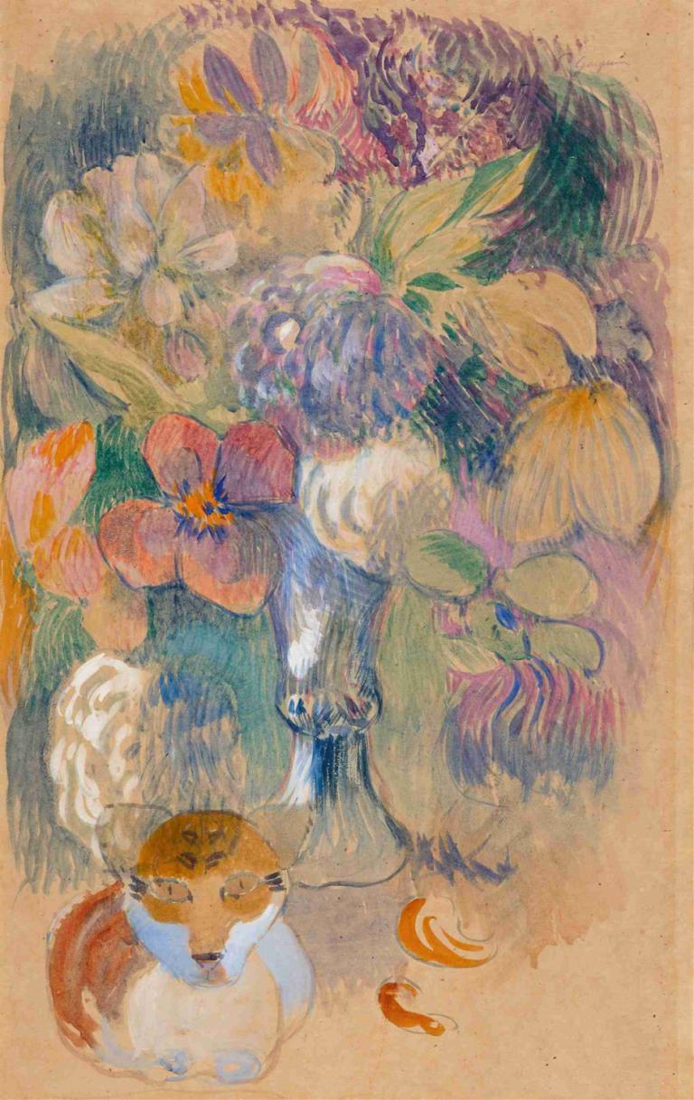 Still Life with Cat,静物与猫,Paul Gauguin,保罗-高更,油画,油画, 花, 没有人类, 传统媒体, 叶子, 绘画（中）, 水彩（中）, 神奇宝贝（生物）, 动物焦点, 蓬松的袖子