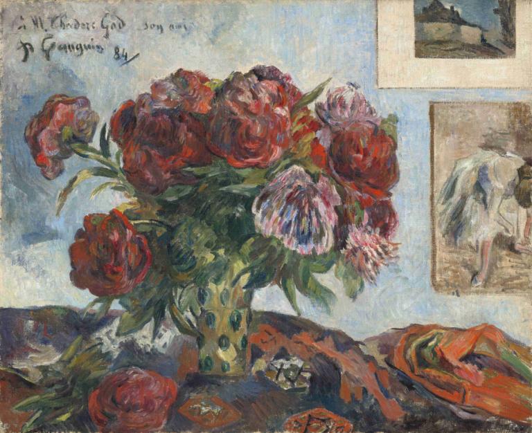 Still Life with Peonies,牡丹静物,Paul Gauguin,保罗-高更,油画,油画, 花, 红花, 传统媒体, 玫瑰, 红玫瑰, 绘画（中）, 没有人类, 叶子, 静物, 水彩（中）