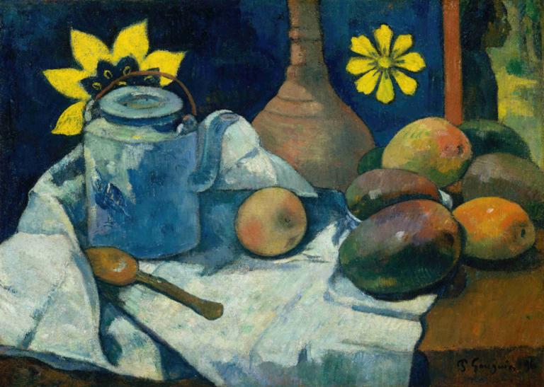 Still Life with Teapot and Fruit,静物与茶壶和水果,Paul Gauguin,保罗-高更,油画,油画, 食物, 没有人类, 水果, 传统媒体, 绘画（中）, 花, 食物焦点, 独奏