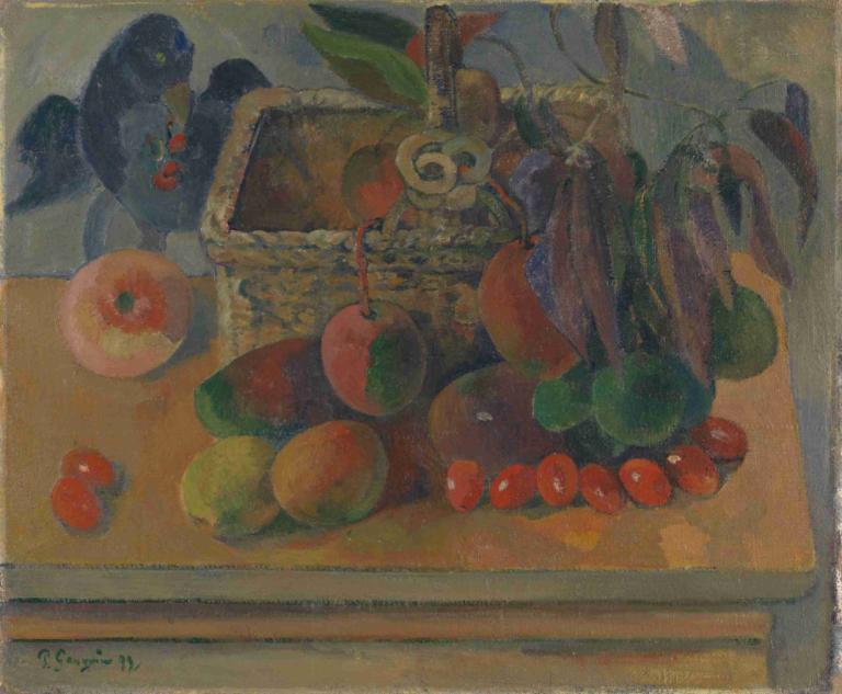 Still life with basket and fruits,有篮子和水果的静物,Paul Gauguin,保罗-高更,油画,油画, 食物, 水果, 没有人类, 苹果, 传统媒体, 鸟, 篮子, 神奇宝贝（生物）