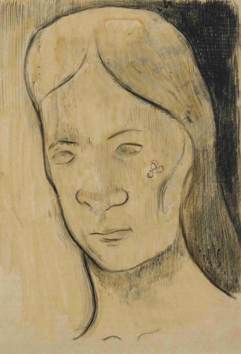 Tête d'une Femme Tahitienne,Paul Gauguin,Croquis,Croquis, solo, 1fille, monochrome, médias traditionnels