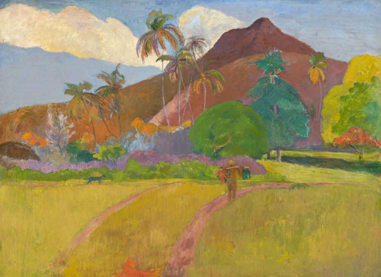 Tahitian Landscape,塔希提风光,Paul Gauguin,保罗-高更,油画,油画, 树, 户外, 风景, 没有人类, 天空, 云, 草, 天, 传统媒体, 绘画（中）, 山, 蓝天, 自然, 水彩（中）