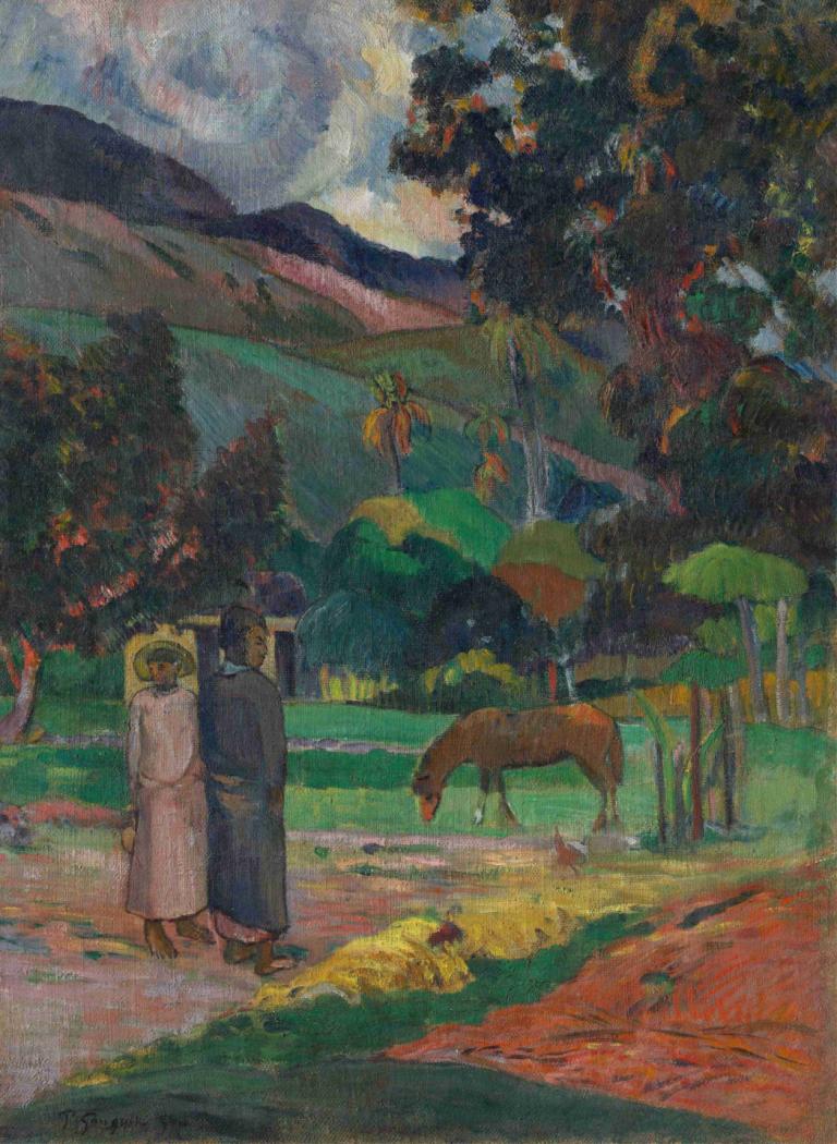 Tahitian Landscape,塔希提风光,Paul Gauguin,保罗-高更,油画,油画, 户外, 树, 传统媒体, 绘画（中）, 帽子, 1个女孩, 自然, 风景, 1男孩, 云, 天空, 草, 水彩（中）