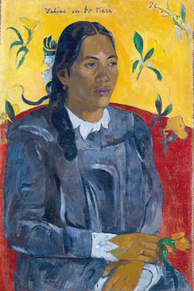 Tahitian Woman with a Flower,拿花的塔希提女人,Paul Gauguin,保罗-高更,油画,油画, 1个女孩, 独奏, 暗黑皮肤, 深色皮肤的女性, 花, 黑发, 传统媒体, 长发, 保持