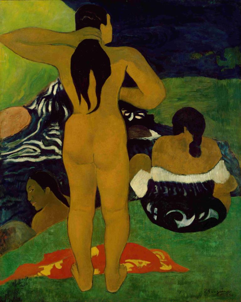 Tahitian Women Bathing,塔希提妇女沐浴,Paul Gauguin,保罗-高更,油画,油画, 美术模仿, 裸体, 屁股, 长发, 黑发, 马尾辫, 多个女孩, 从后面, 赤脚, 常设, 1个女孩