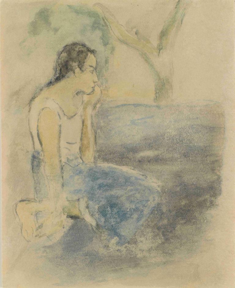 Tahitien assis,坐着的塔希提人,Paul Gauguin,保罗-高更,油画,油画, 1个女孩, 独奏, 赤脚, 黑发, 坐着, 水, 传统媒体, 衬衫, 裤子, 白衬衫, 绘画（中）, 长发, 轮廓