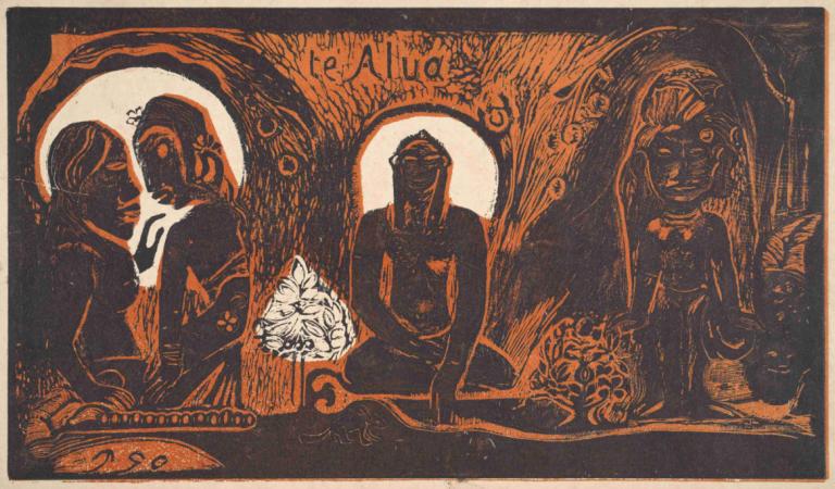 Te Atua (The Gods),众神,Paul Gauguin,保罗-高更,铜版画,铜版画, 花, 美术模仿, 保持, 多个女孩, 1个女孩, 单色, 坐着