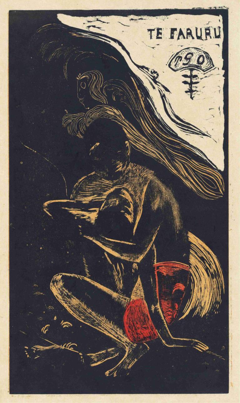 Te Faruru (They are Making Love Here),Te Faruru（他们在这里做爱）,Paul Gauguin,保罗-高更,铜版画,铜版画, 1个女孩, 独奏, 长发, 赤脚, 飘逸的头发