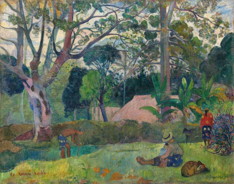 Te raau rahi (The Big Tree),Te raau rahi（大树）,Paul Gauguin,保罗-高更,油画,油画, 树, 帽子, 户外, 坐着, 草, 1男孩, 独奏, 风景, 自然