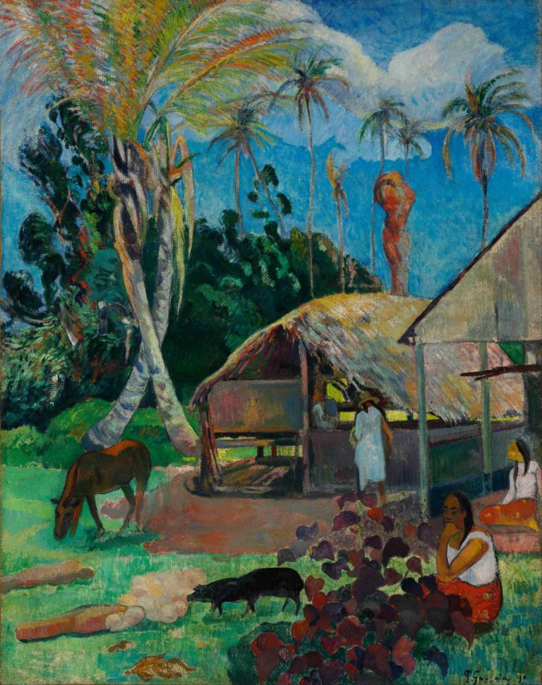 The Black Pigs,黑猪,Paul Gauguin,保罗-高更,油画,油画, 树, 户外, 天空, 传统媒体, 云, 天, 草, 棕榈树, 风景, 绘画（中）, 蓝天, 1个女孩, 地面车辆