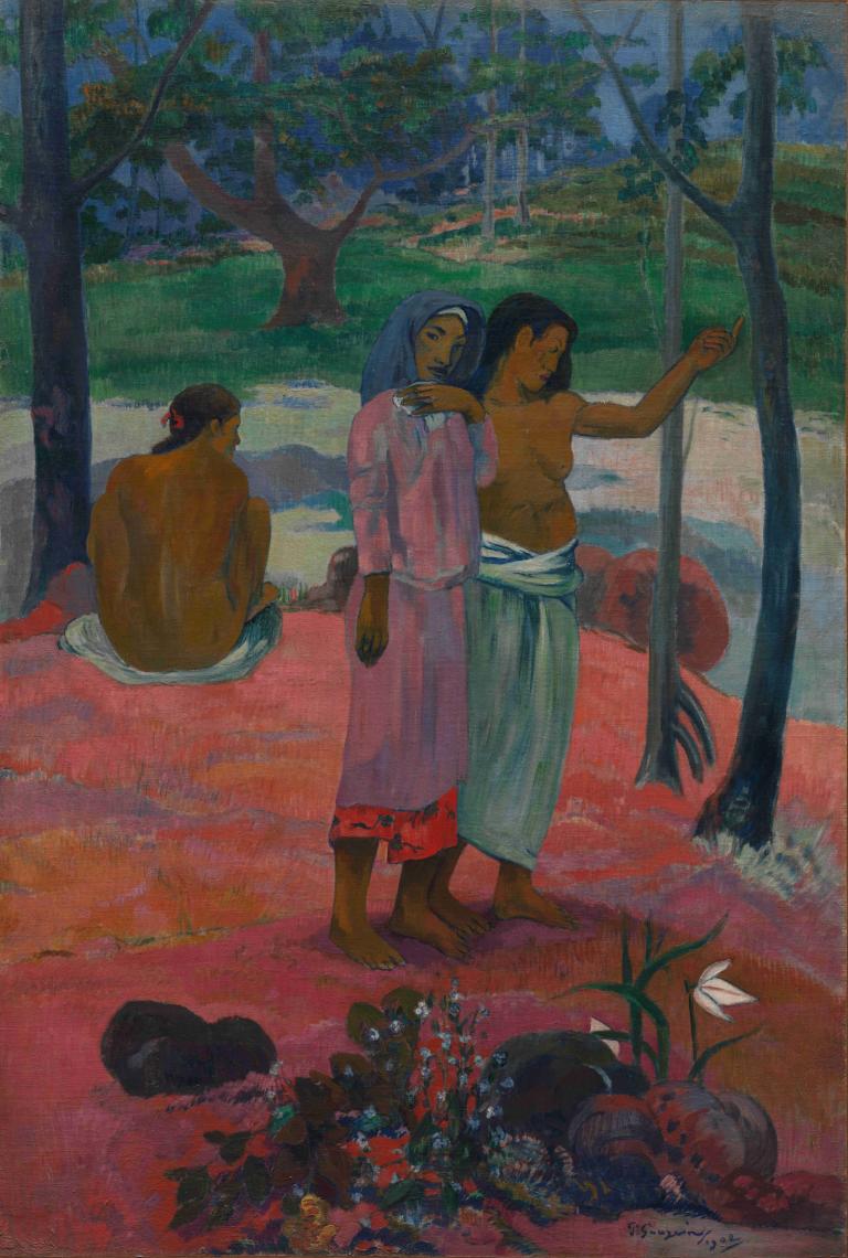 The Call,召唤,Paul Gauguin,保罗-高更,油画,油画, 树, 赤脚, 花, 自然, 户外, 多个女孩, 黑发, 多个男孩, 坐着, 传统媒体, 赤裸上身, 1个女孩, 1男孩, 美术模仿, 暗黑皮肤