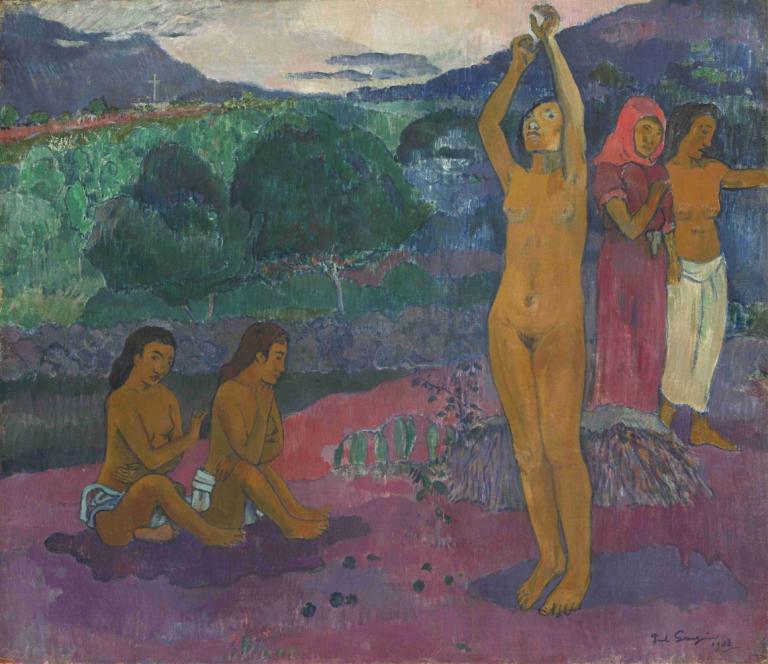 The Invocation,召唤,Paul Gauguin,保罗-高更,油画,油画, 多个女孩, 乳头, 裸体, 乳房, 美术模仿, 赤脚, 户外, 4个女孩, 女性阴毛, 自然, 绘画（中）, 山, 阴毛, 小乳房