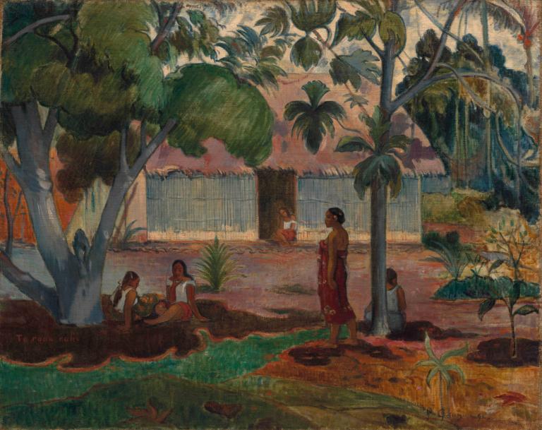 The Large Tree,大树,Paul Gauguin,保罗-高更,油画,油画, 树, 棕榈树, 多个女孩, 户外, 传统媒体, 黑发, 绘画（中）, 短发, 赤脚, 风景, 植物, 多个男孩