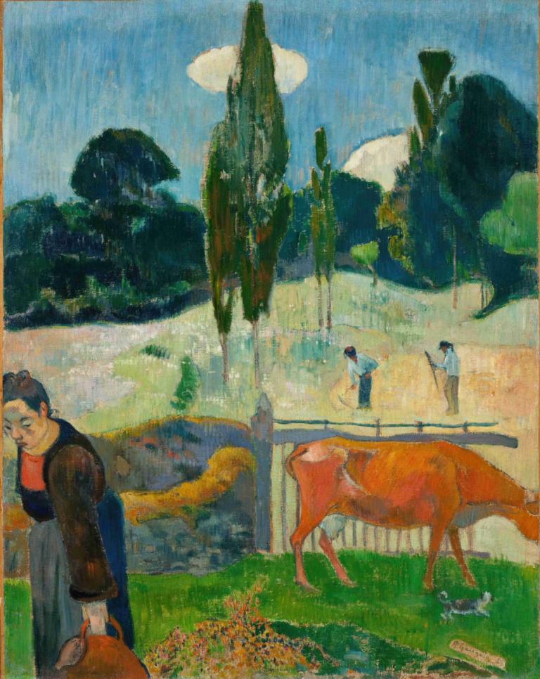 The Red Cow,红牛,Paul Gauguin,保罗-高更,油画,油画, 传统媒体, 草, 户外, 多个男孩, 黑发, 绘画（中）, 2个男孩, 包, 保持