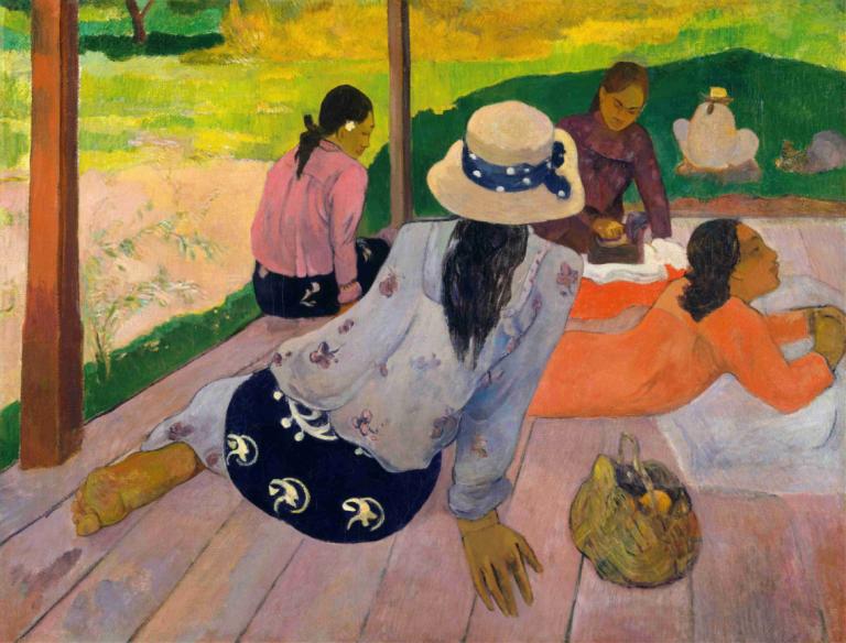 The Siesta,睡午觉,Paul Gauguin,保罗-高更,油画,油画, 多个女孩, 黑发, 帽子, 衬衫, 暗黑皮肤, 长发, 赤脚, 长袖, 说谎, 坐着, 粉色衬衫, 户外, 3个女孩, 黑裙子, 碎花