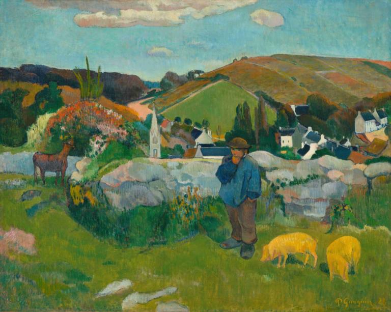 The Swineherd,猪倌,Paul Gauguin,保罗-高更,油画,油画, 户外, 云, 天空, 草, 1男孩, 独奏, 广角镜头, 棕色裤子, 帽子, 裤子, 传统媒体, 风景, 男性焦点, 天, 树