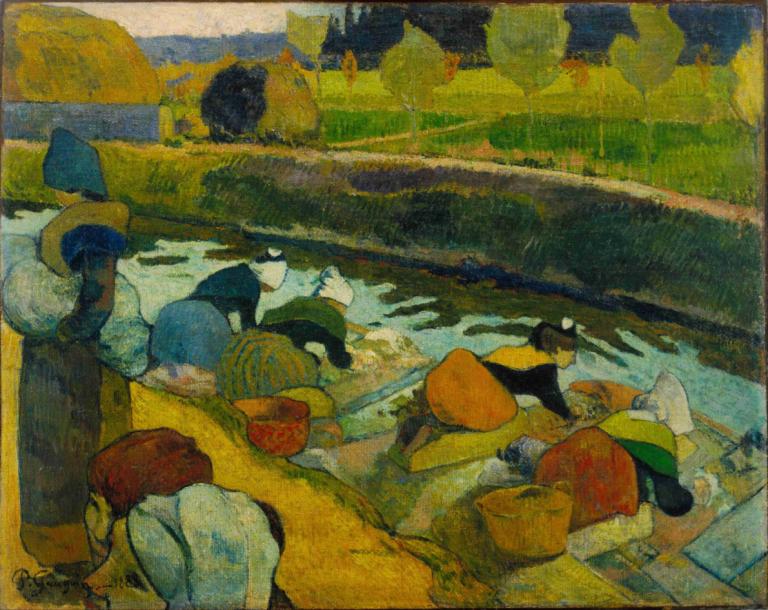 Washerwomen,Wasvrouwen,Paul Gauguin,Olieverf,Olieverf, buitenshuis, hoed, water, traditionele media