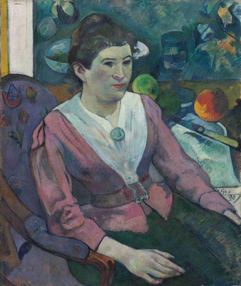 Woman in front of a Still Life by Cézanne,Vrouw voor een stilleven van Cézanne,Paul Gauguin,Olieverf,Olieverf