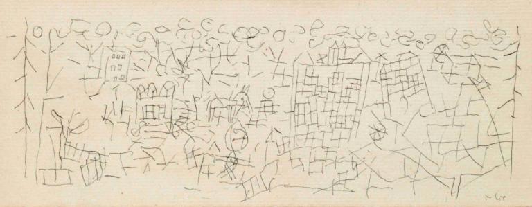 About the Town,Paul Klee,Copperplate Etching,Copperplate Etching, monochrome, sketch, tree, building