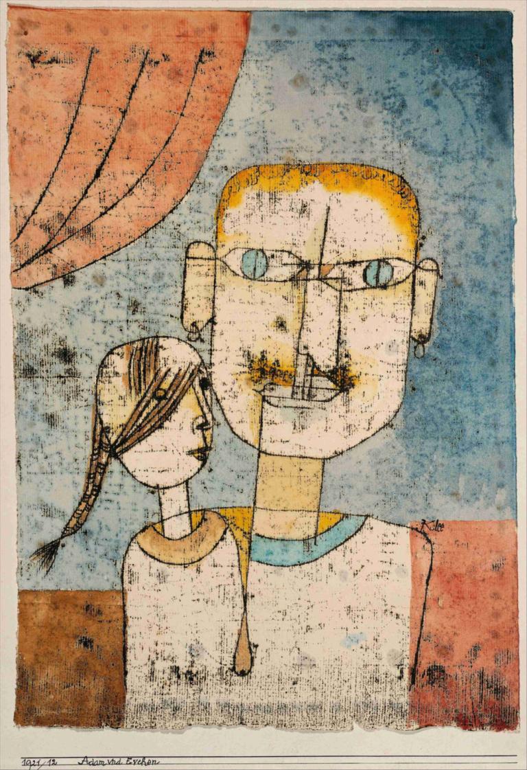 Adam and Little Eve,Paul Klee,Oil Painting,Oil Painting, 1girl, traditional media, braid, blue eyes, dated