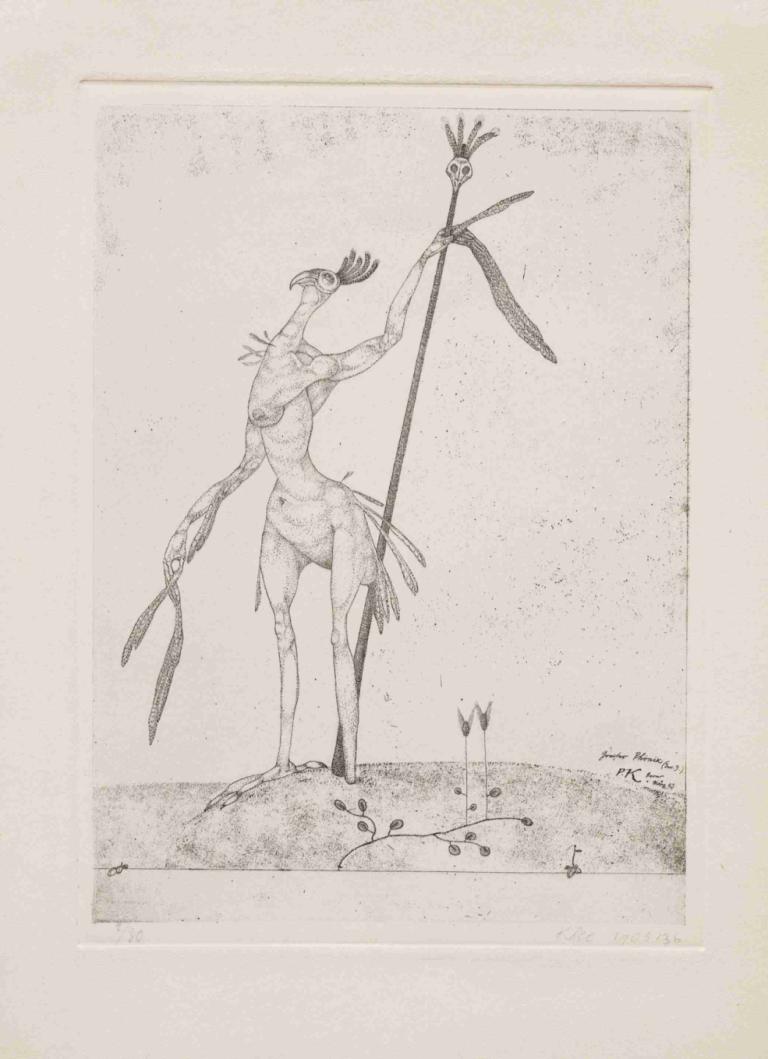 Aged Phoenix (Invention 9),Paul Klee,Copperplate Etching,Copperplate Etching, monochrome, holding, solo