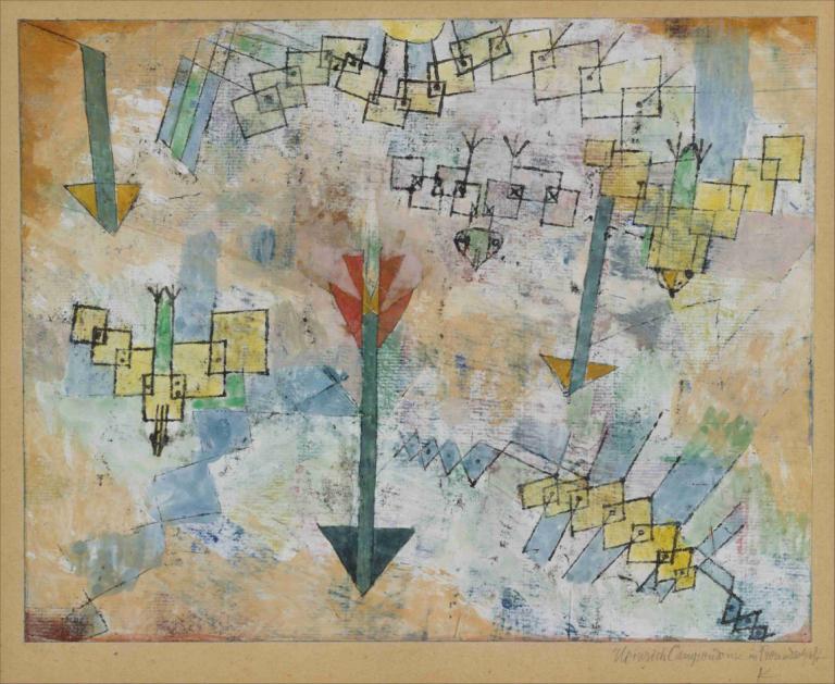 Birds Swooping Down and Arrows,舞い降りる鳥と矢,Paul Klee,パウル・クレー,油絵,油絵, 人間がいない, 従来のメディア, 抽象的な, サイン