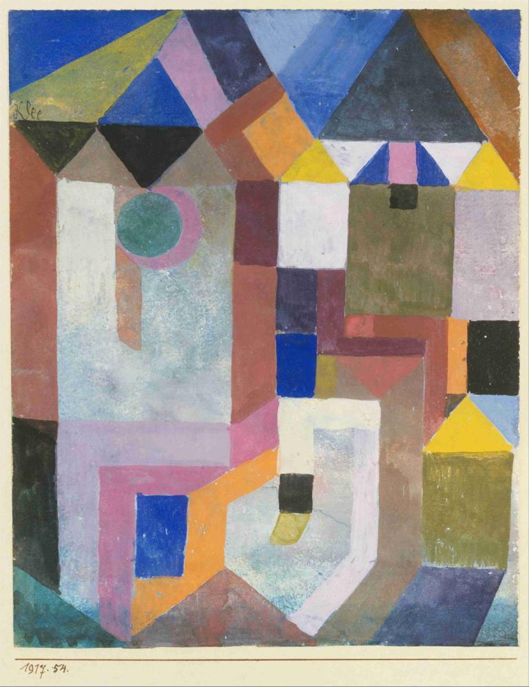 Colorful Architecture,Barvita arhitektura,Paul Klee,Oljna slika,Oljna slika, brez ljudi, meja, bela obroba