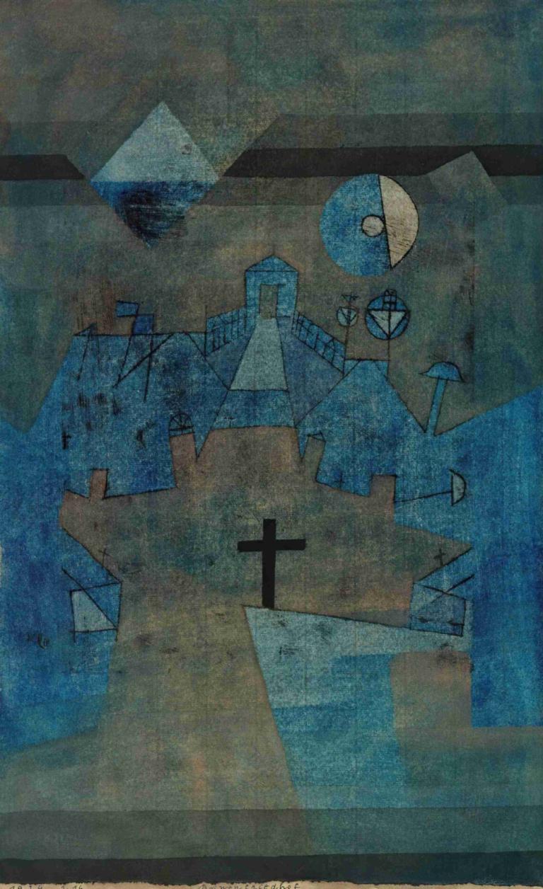 Dünenfriedhof,Pokopališče v sipinah,Paul Klee,Oljna slika,Oljna slika, luna, brez ljudi, nebo, silhueta