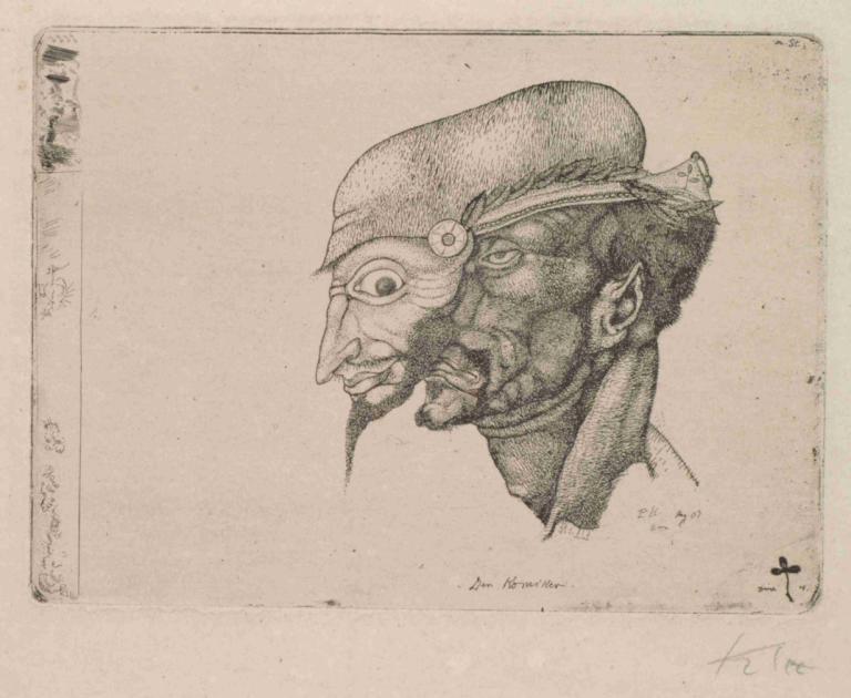 Der Komiker,Paul Klee,Copperplate Etching,Copperplate Etching, 1boy, monochrome, hat, male focus