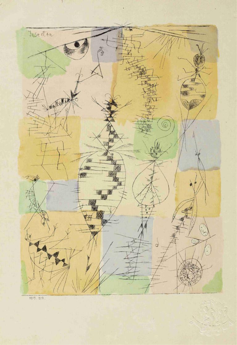 Insekten,Paul Klee,Aquarell,Aquarell, einfarbig, keine Menschen, skizzieren, abstrakt, Pfeil (Symbol)