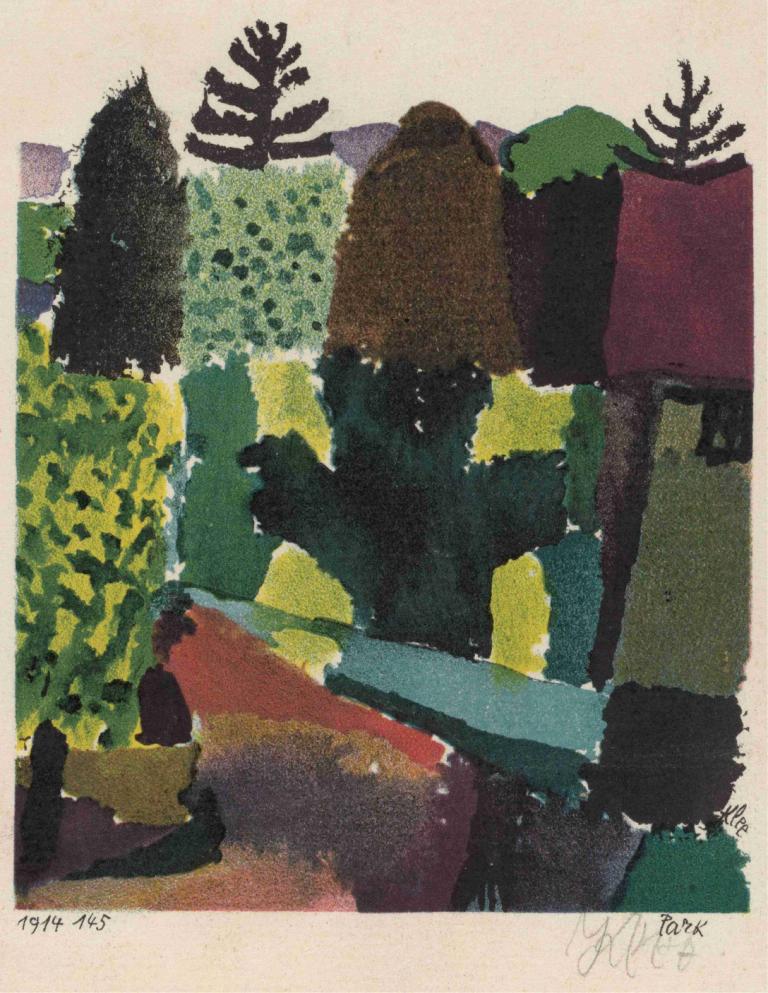 Park,Paul Klee,Akvarel,Akvarel, rostlina, žádní lidé, venku, podpis, strom, okraj, bílý okraj, sólo