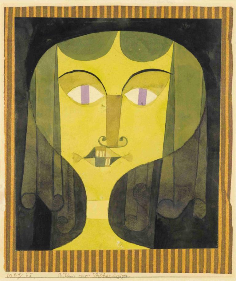 Portrait Of A Violet-Eyed Woman,紫罗兰眼睛女人的肖像,Paul Klee,保罗-克利,油画,油画, 紫色的眼睛, 独奏, 看着观众, 有条纹的, 条纹背景