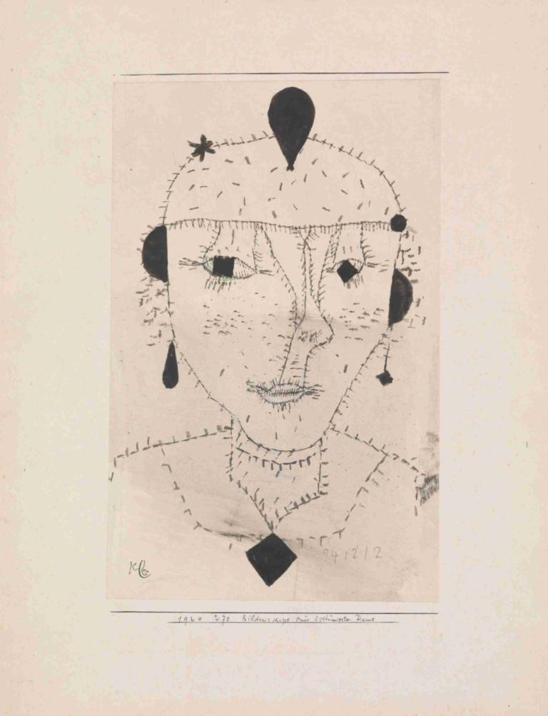 Portrait Sketch of a Costumed Lady,一位盛装女士的肖像素描,Paul Klee,保罗-克利,铜版画,铜版画, 缝针, 单色, 独奏, 帽子, 1男孩, 男性焦点, 照片（物体）