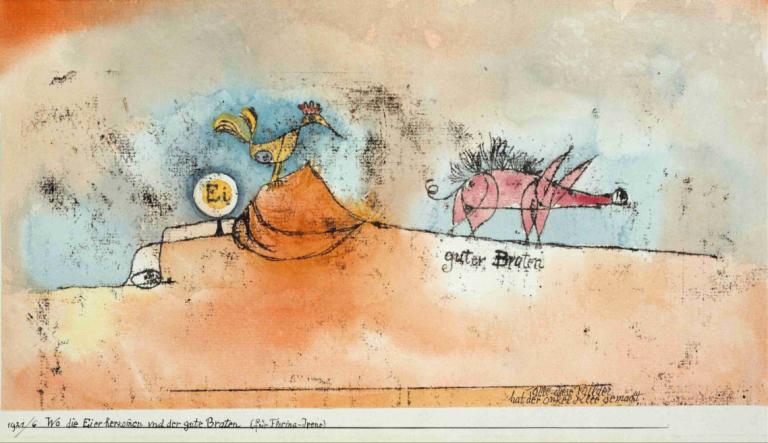 Where the Eggs and the Good Roast,Paul Klee,Watercolor,Watercolor, traditional media, no humans, english text