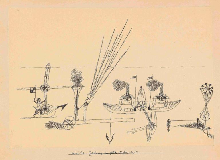 Zeichnung zum gelben Hafen,Paul Klee,Copperplate Etching,Copperplate Etching, no humans, aircraft, monochrome