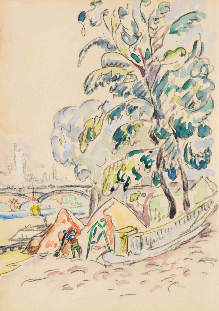 An der Pariser Seine,Paul Signac,Ölgemälde,Ölgemälde, Boot, Wasserfahrzeug, traditionelle Medien, Baum, Wolke