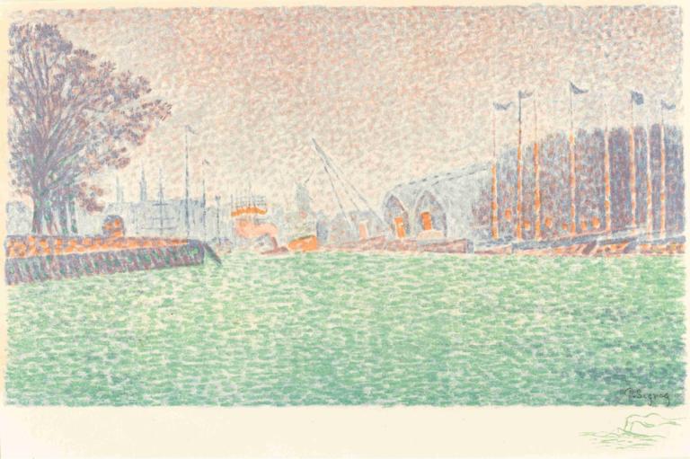 At Flushing (A Flessingue),在法拉盛(一次飛行),Paul Signac,保羅·西格納克,油畫,油畫, 樹, 沒有人類, 戶外, 簽名, 風景, 大樓, 傳統媒體, 燈柱, 草, 櫻花