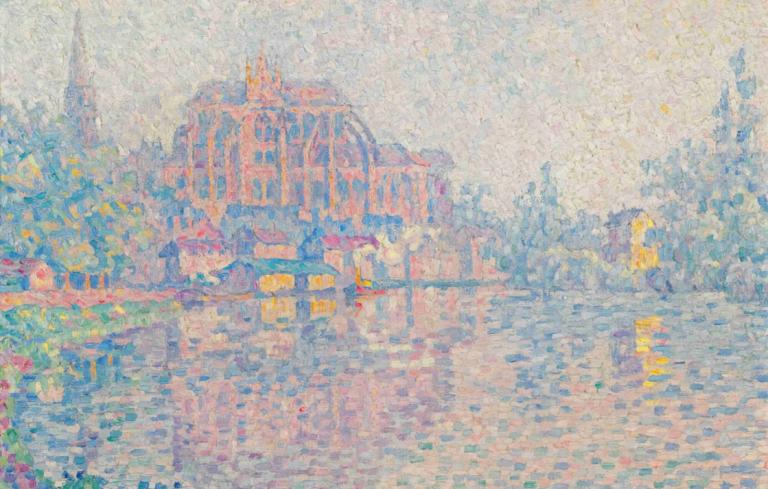 Auxerre, La Rivière,오셰르, 라 리비에르,Paul Signac,폴 시냑,오일 페인팅,오일 페인팅, 인간은 없어, 전통 미디어, 물, 경치, 건물, 옥외, 나무, 화려한